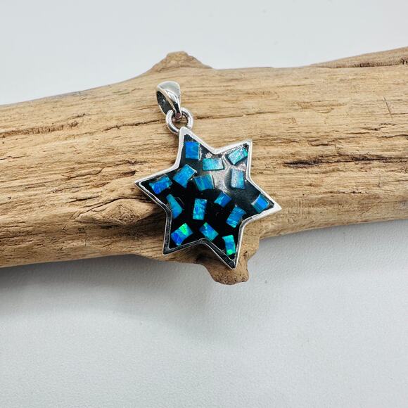 Sterling Silver Mosaic Lab Opal Star of David Pendant, Jewish Star - Picture 2 of 7